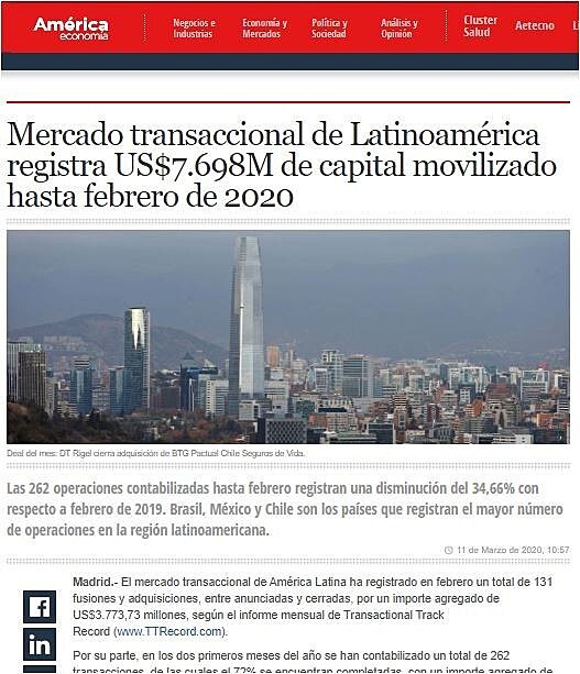 Mercado transaccional de Latinoamrica registra US$7.698M de capital movilizado hasta febrero de 2020